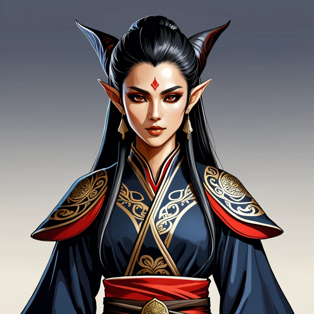 female dark elf in japan folk outfit, vector graphics, strong contours, logo design
