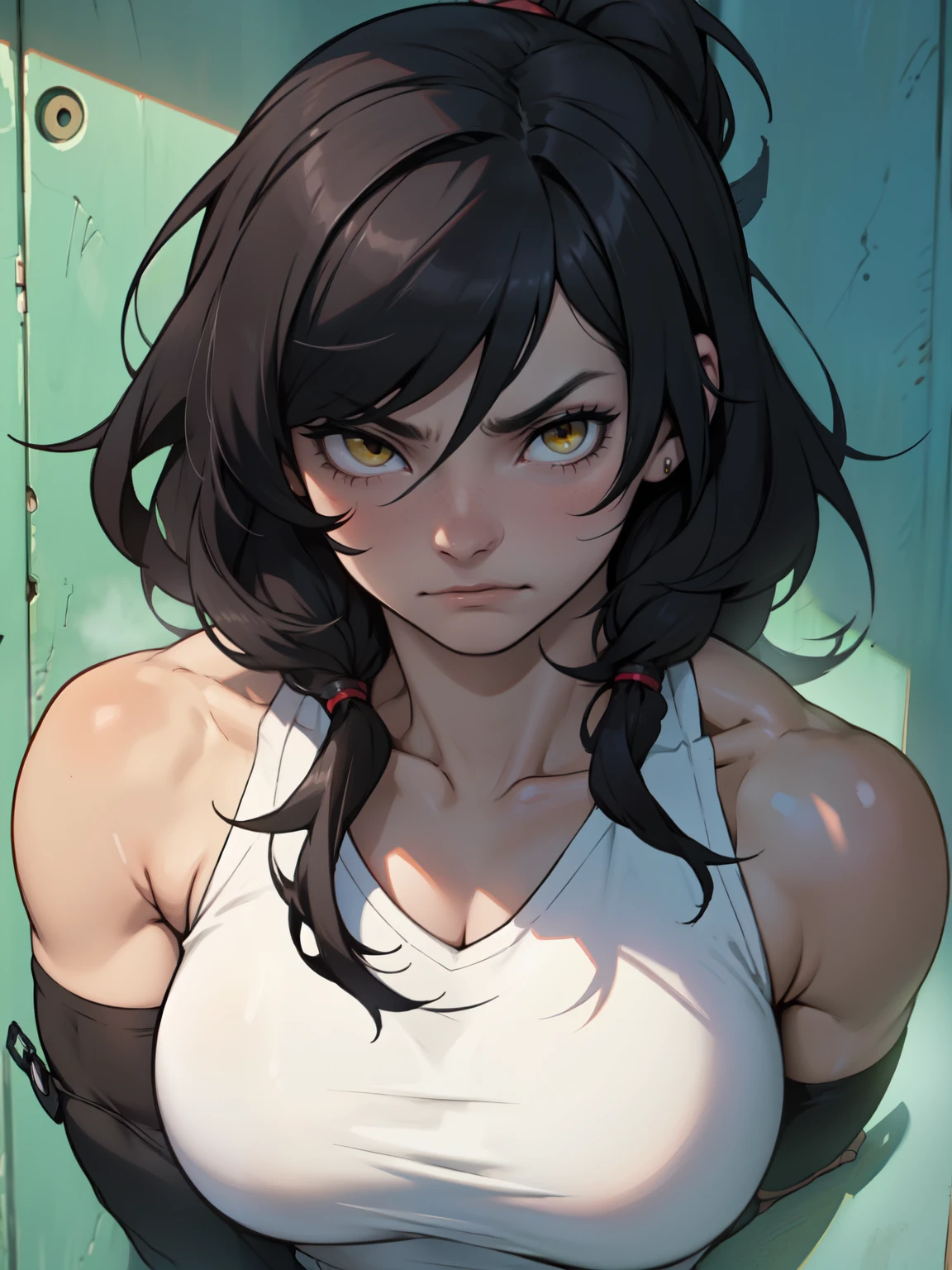 pale angry muscular girl thick breast black hair yellow eyes long hair hair between eyes
