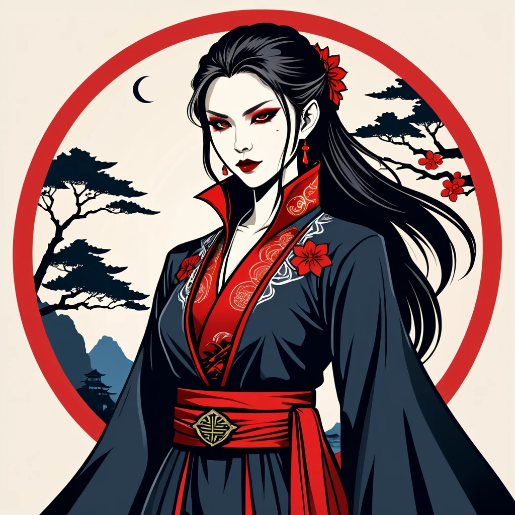 female vampire in japan folk outfit, vector graphics, strong contours, logo design