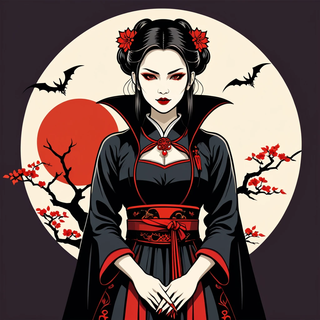 female vampire in japan folk outfit, vector graphics, strong contours, logo design