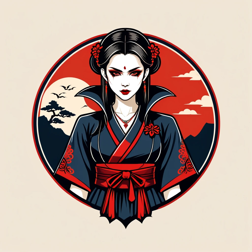female vampire in japan folk outfit, vector graphics, strong contours, logo design