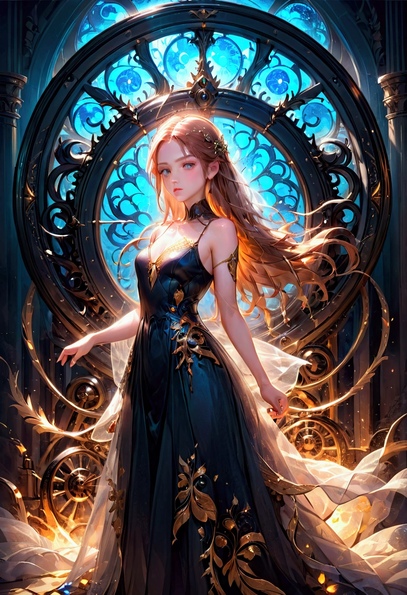 1girl, She who stands defiant against the wheel of destiny, a woman standing defiantly against the wheel of destiny, beautiful detailed eyes, beautiful detailed lips, extremely detailed face, long eyelashes, elegant gown, dramatic lighting, fantasy, cinematic, highly detailed, 8k, award winning digital art, dramatic colors, intense atmosphere, mystical, ethereal, powerful, awe-inspiring, masterpiece, best quality, very aesthetic, absurdres
