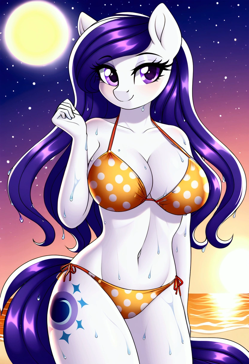 My little pony, anthro, white body, purple eyes, space hair pattern, space patterned erotic bikini, beach, big breasts, wet body, seduce pose, sun shafts, RTX, beautiful quality, summer memories, perfect summer day, day, sun