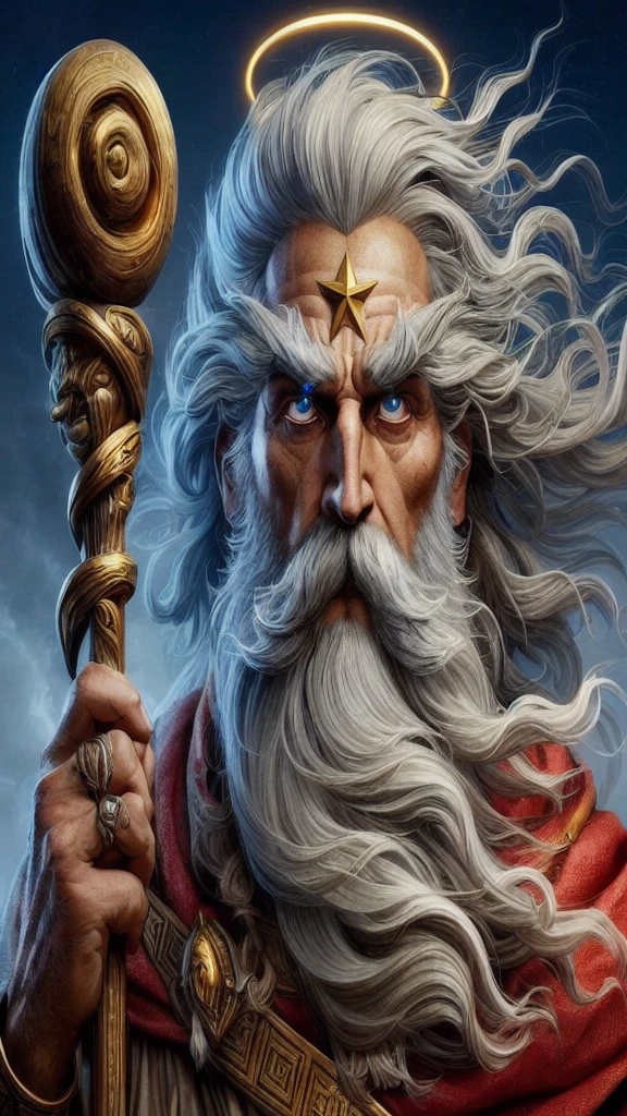 A painting of a man with a long beard and a gold crown, The enraged god Zeus, Father's Time, God of Winter, Portrait of the male god Svarog, the god zeus, Fantasy Proto-Slavic Mythology, Nordic God, Michael Horse (Unreal Engine, Old God, Olympian God, By Alexander Gierimski, By Nikola Avramov