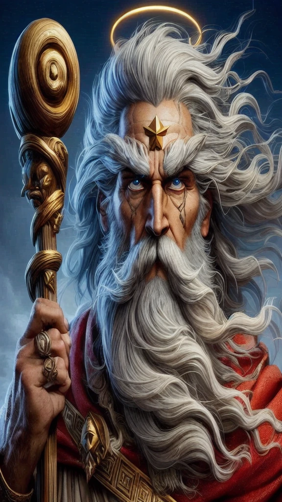 A painting of a man with a long beard and a gold crown, The enraged god Zeus, Father's Time, God of Winter, Portrait of the male god Svarog, the god zeus, Fantasy Proto-Slavic Mythology, Nordic God, Michael Horse (Unreal Engine, Old God, Olympian God, By Alexander Gierimski, By Nikola Avramov
