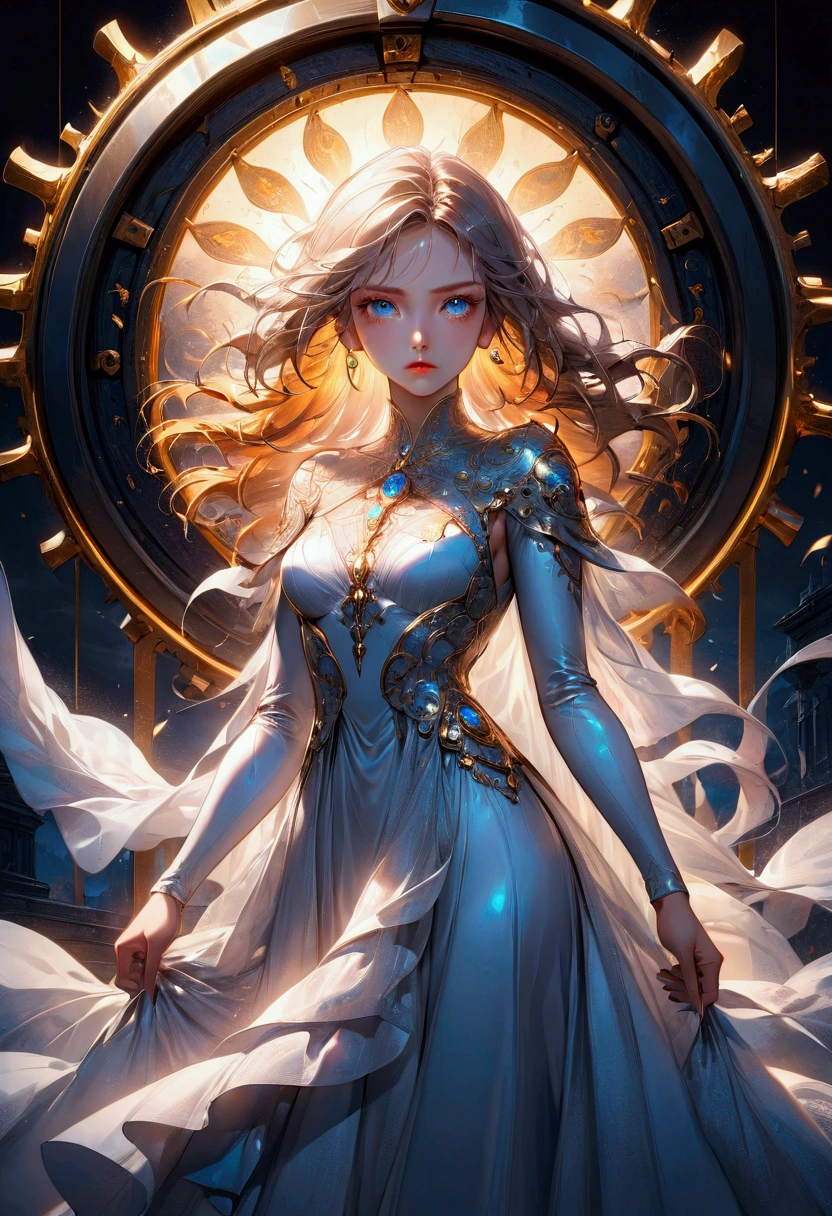 1girl, She who stands defiant against the wheel of destiny, a woman standing defiantly against the wheel of destiny, beautiful detailed eyes, beautiful detailed lips, extremely detailed face, long eyelashes, elegant gown, dramatic lighting, fantasy, cinematic, highly detailed, 8k, award winning digital art, dramatic colors, intense atmosphere, mystical, ethereal, powerful, awe-inspiring, masterpiece, best quality, very aesthetic, absurdres