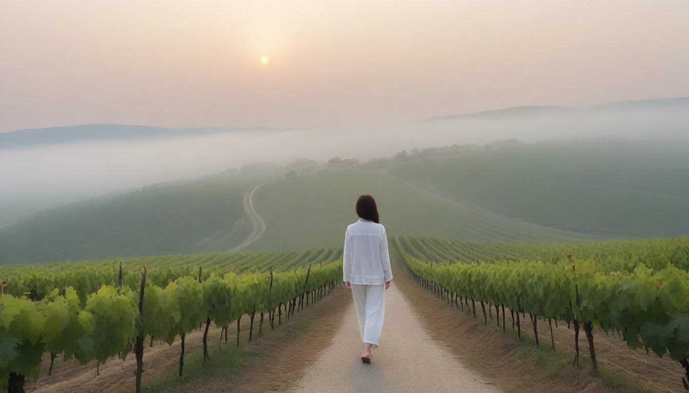8k realistic, lifelike photo,, 36 year old Korean woman, Short in stature, pretty like a model. White shirt and short cardigan, casual pants, short medium hair, Smiley, Italy. vineyard, thick dawn fog. vineyard 멀리 짙은 안개 속으로 성당이 보인다. 1 woman, Short in stature, Excellent picture quality, The morning fog is thick, The picture quality is alive. 옆면 look up, sunrise red light, A monastery can be seen in the distance, . Smiley, Wide angle lens full body shot, look up, walking from afar, walking on a narrow path, the grapes did not ripen