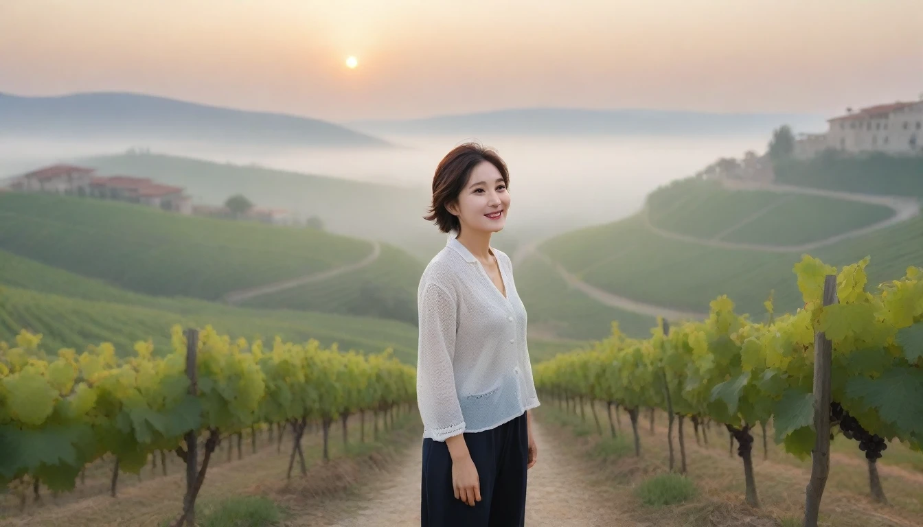 8k realistic, lifelike photo,, 36 year old Korean woman, Short in stature, pretty like a model. White shirt and short cardigan, casual pants, short medium hair, Smiley, Italy. vineyard, thick dawn fog. vineyard 멀리 짙은 안개 속으로 성당이 보인다. 1 woman, Short in stature, Excellent picture quality, The morning fog is thick, The picture quality is alive. 옆면 look up, sunrise red light, A monastery can be seen in the distance, . Smiley, Wide angle lens full body shot, look up, walking from afar, walking on a narrow path, the grapes did not ripen