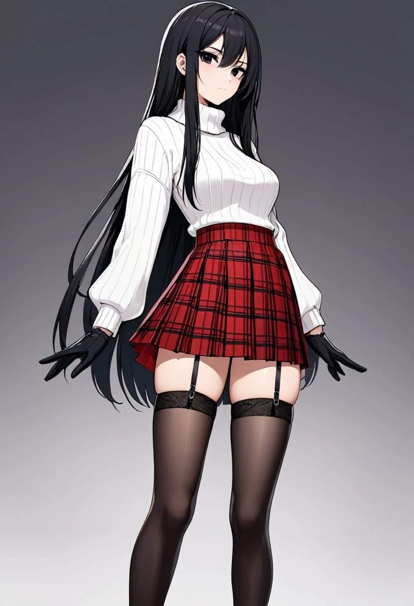 red checkered miniskirt , Black Shoes , pleated skirt , assassin , whole body , White sweater , Black gloves , stockings , garter belt , black hair , black eyes , straight hair , thighs , whole body , standing posture , face , close up