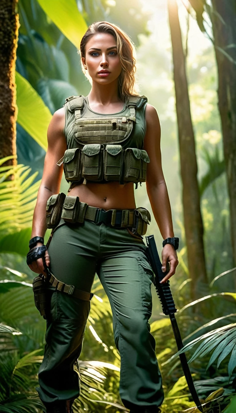 a female hero exploring the jungle, beautiful detailed eyes, beautiful detailed lips, extremely detailed eyes and face, long eyelashes, adventurous expression, muscular athletic body, heavy tactical outfit (Long combat pants, high military boots, T-shirt and tactical vest), machete weapon, lush green foliage, ancient ruins, sunlight filtering through trees, cinematic dramatic lighting, vibrant colors, photorealistic, 8k, masterpiece