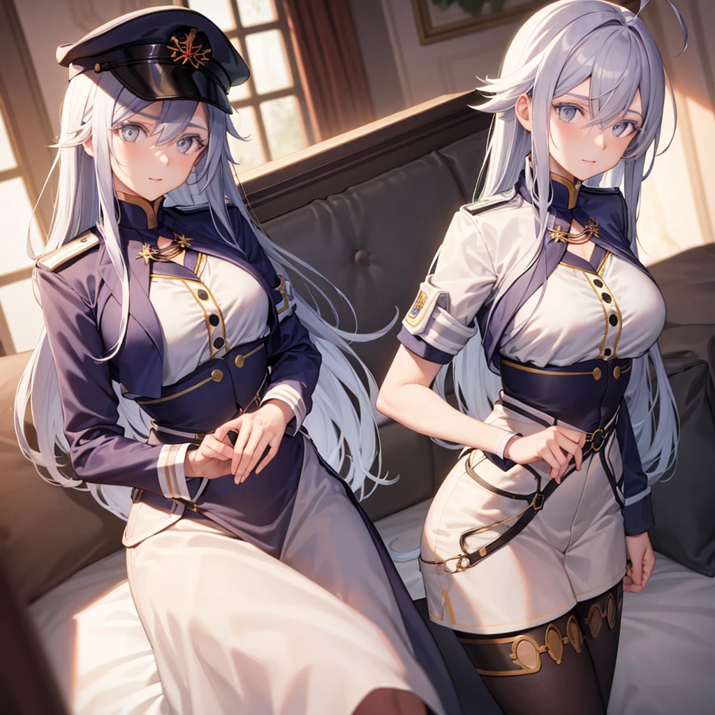 vladilenamilize, vladilena milize, (grey eyes:1.5), 1woman, mature woman, grey hair, hair between eyes, long hair, ahoge,nood ,BREAK blue headwear, hat, military, military hat, peaked cap, thighhighs, uniform, BREAK looking at viewer, BREAK indoors, military place, BREAK (masterpiece:1.2), best quality, high resolution, unity 8k wallpaper, (illustration:0.8), (beautiful detailed eyes:1.6), extremely detailed face, perfect lighting, extremely detailed CG, (perfect hands, perfect anatomy),