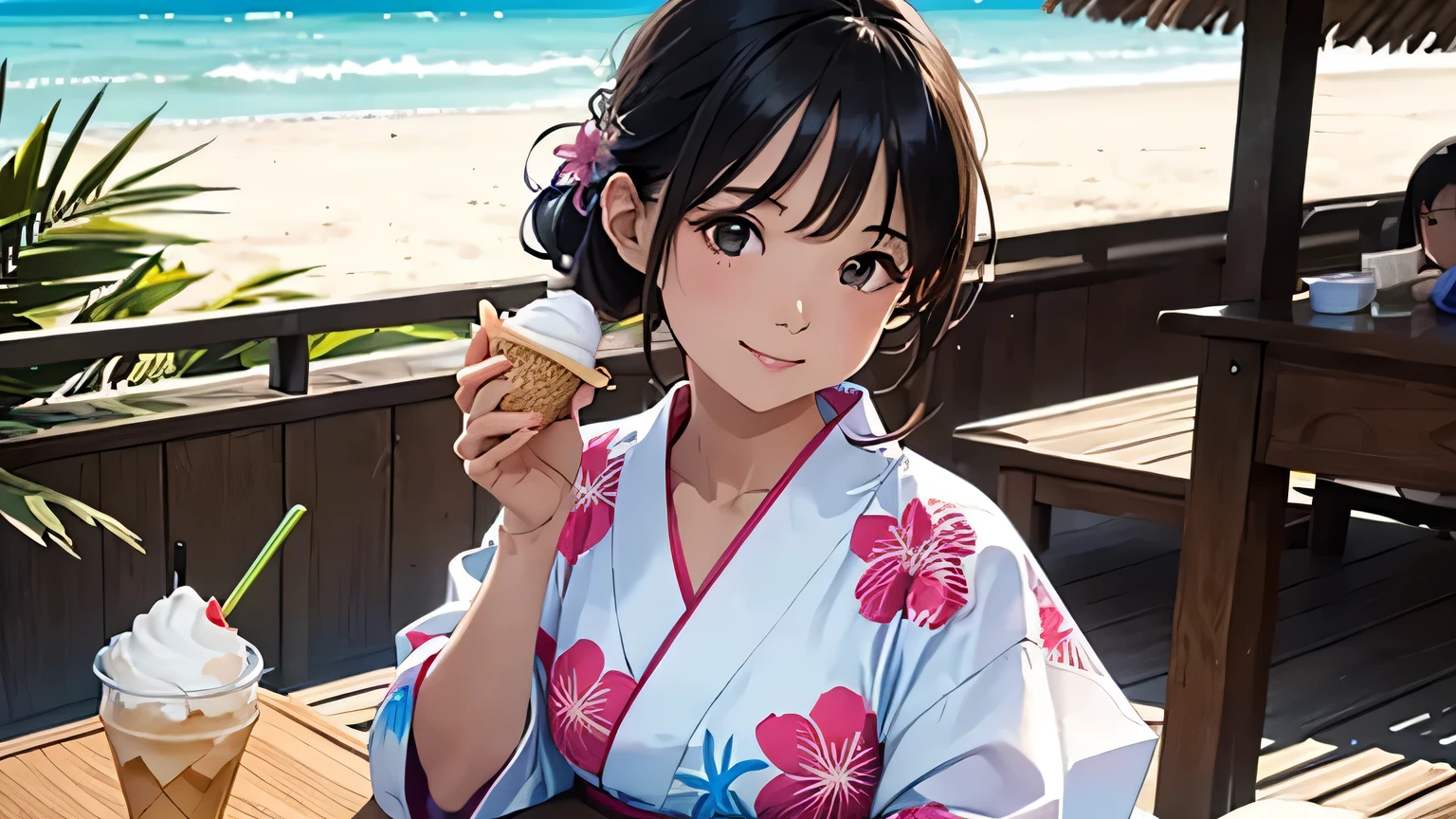 A woman in a yukata relaxing on a tropical beach with a soft serve ice cream。Reminiscent of eternal summer。Feeling cool。Instagrammable