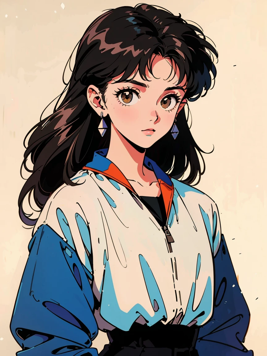 Highest quality, 8k, 1980s style, 21 year old girl, Black Hair, Long Hair, Light brown eyes, Snow-white skin,   Wearing 1980s clothing , White Background,  whole body,