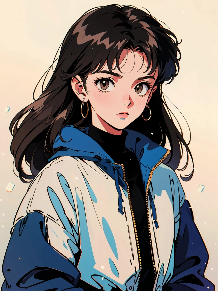 Highest quality, 8k, 1980s style, 21 year old girl, Black Hair, Long Hair, Light brown eyes, Snow-white skin,   Wearing 1980s clothing , White Background,  whole body,