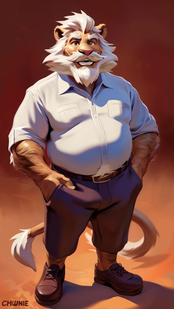 by chunie by catsudon by retros, male,ridiculuous,((mature,mature male)),((Bearded,mustache)),dad bod, felid, solo, Lion,(white hair), facial hair, facing viewer,((full body shot)),((highly detailed face)), (((Grandpa Figure))), ((smilling)), red and orange spiral background, white shirt,short pants smile, ((((wise)))),
