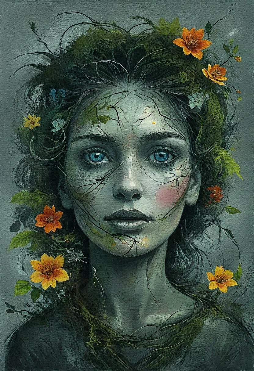 an art deco poster illustration of a side portrait but translucent skull with view at the brain, the flowery brain, brain made of vines and blossoms (by tim burton:0.2) , rich detail, vegetation, leaves and moss, anatomy, vibrant, acrylc painting with wide brush strokes, autumn colors. positive vibes. (erin hansen style:0.2), fair skin:1.3, (gray facial skin :-1.5), hole in face:-2, art deco style:1.5,extreme detail, moss, (natural skin color:1.8), semi-side shot portrait, cinematic lighting, hdr high contrast, abstract imagery, friendly face, blossoms and flowers , spring atmosphere, ((happiness:2.0)),