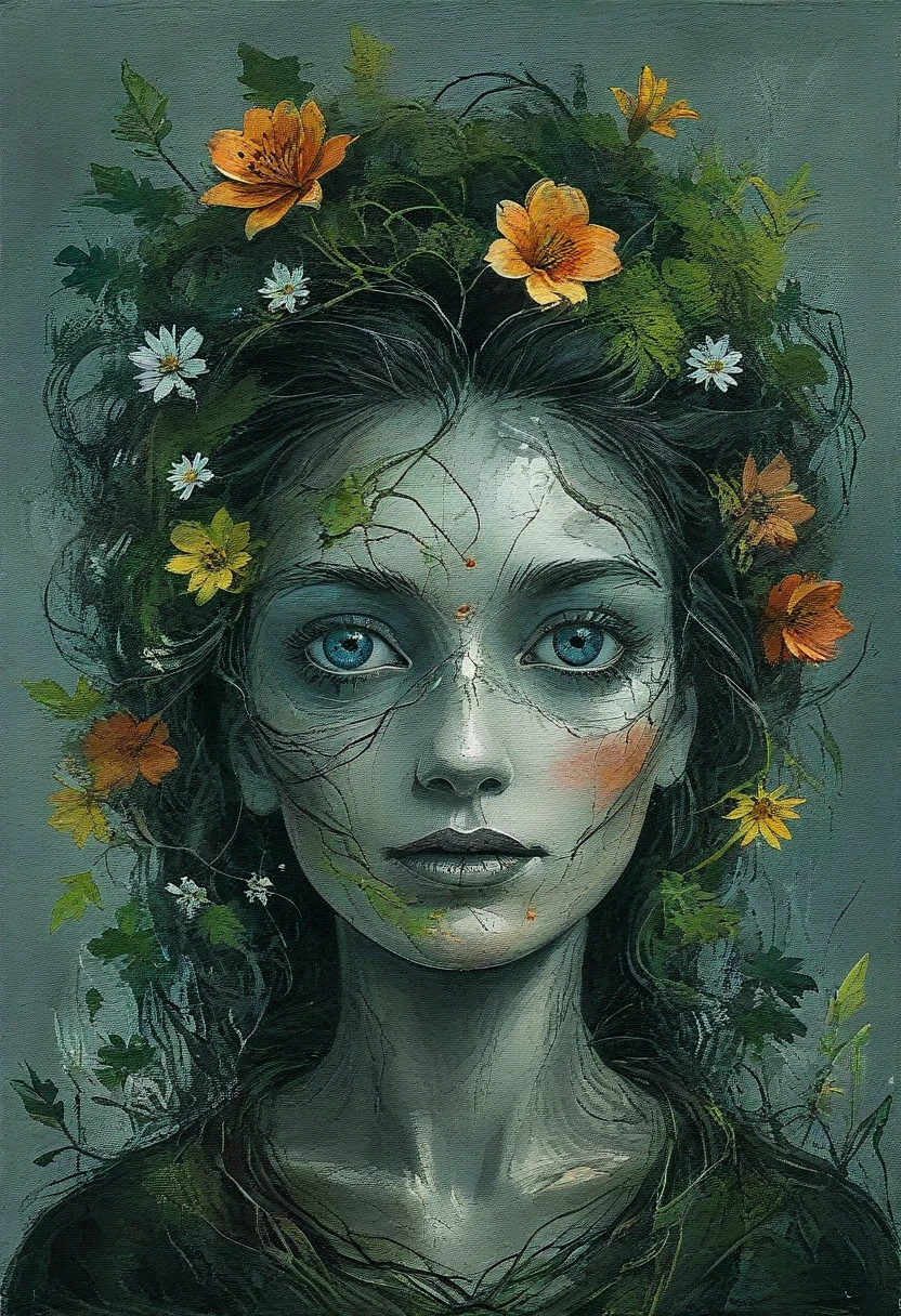 an illustration of the brain blooming with vines and flowers by (tim burton:1.002) , rich detail, floral brain, vegetation, leave and blossoms, anatomy, vibrant, acrylc painting, wide brush strokes, colorful, (miyazaki style:1.27), colourful, autumn colors. positive vibes. (erin hansen style:1.2),((bw:-1.5), fair skin:1.3, gray face:-1.5, hole in face:-2, art deco style:1.5,extreme detail, moss, roots,vine,lillies, rose petals, spring ornaments