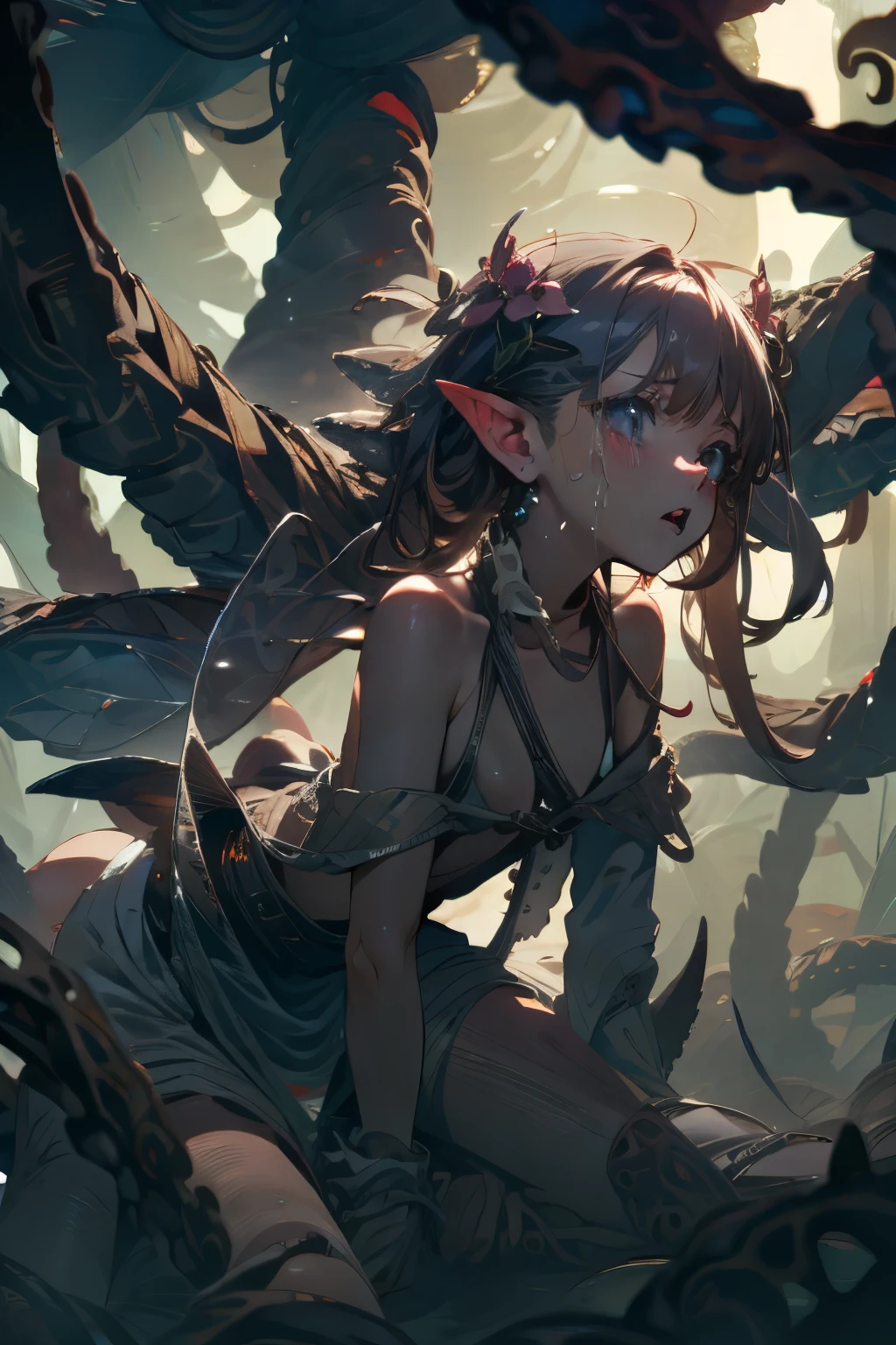  ((best quality)), ((masterpiece)), (detailed), 1girl, off-shoulder sweater, a fairy, fairy girl, winged pixie girl, various different types of insect wings, small breasts,  NSFW，Covered with tentacles, encoiled by tentacles, Tentacles around the body, many tentacles, captured by tentacles, bound by tentacles, trapped by tentacles, Fine details，Tentacled，Tied with tentacles, roaming tentacles, drooling，Crying，horrified expression, panic, fight for survival, Detailed body，Full limbs，NSFW, being pulled into a flower, wild environment, jungle, terrifying floral environment, horrific nature, predatory flora, fairy catcher, fairy trapper, fairy catcher plant, fairy trapper plant, fairy catcher flower, fairy trapper flower