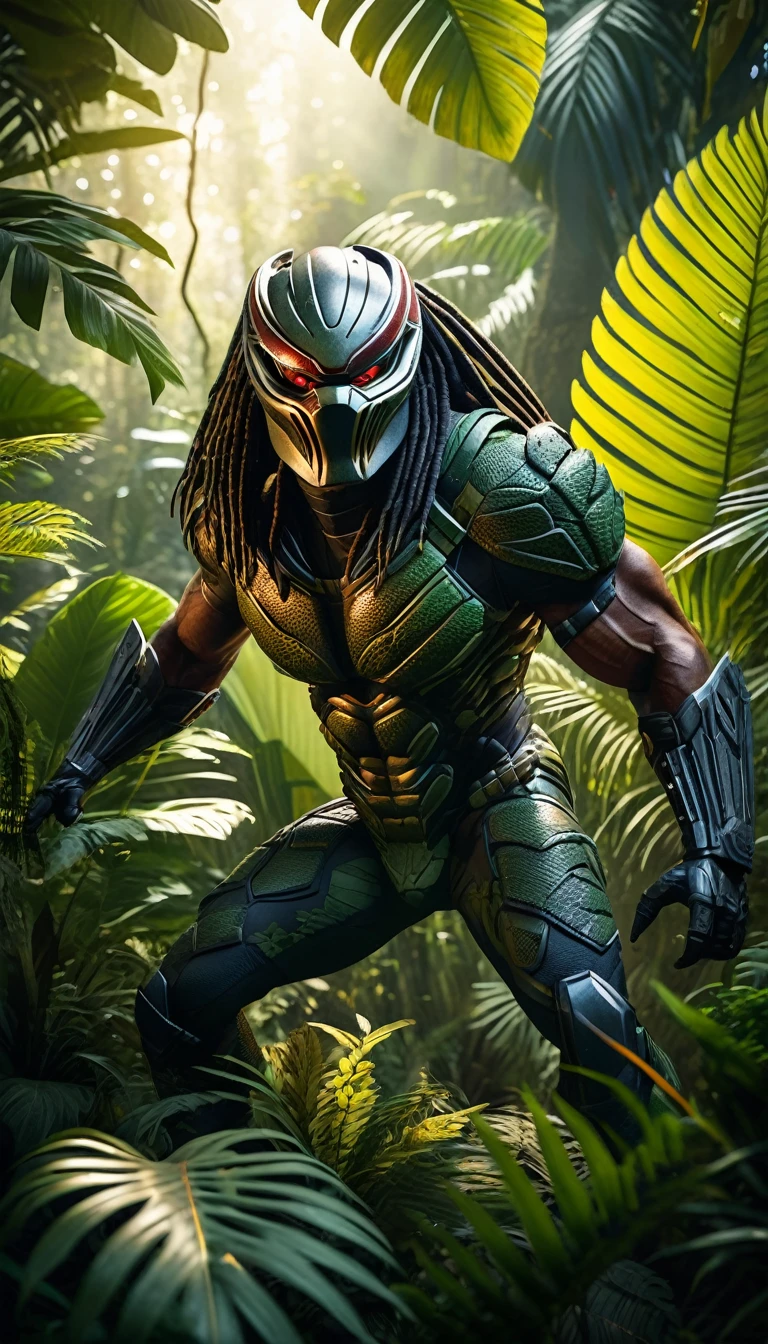 a highly detailed predator hunting in a lush jungle, 1 predator, muscular body, sharp claws, teeth, glowing eyes, camouflaged skin, stalking prey, jungle foliage, dense vegetation, sunlight filtering through leaves, realistic, cinematic lighting, dramatic shadows, muted color palette, gritty, detailed textures, ultra-detailed, 8k, photorealistic