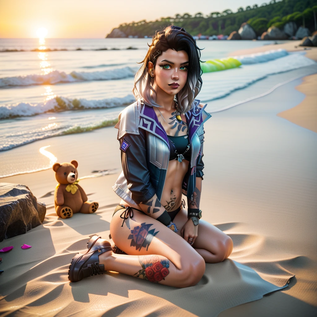 Beautiful picture of fade_valorant sitting on the beach enjoying the view, bikini, sitting on a rock, sunset, shoulders tattoo of a bear paw, zPDXL2