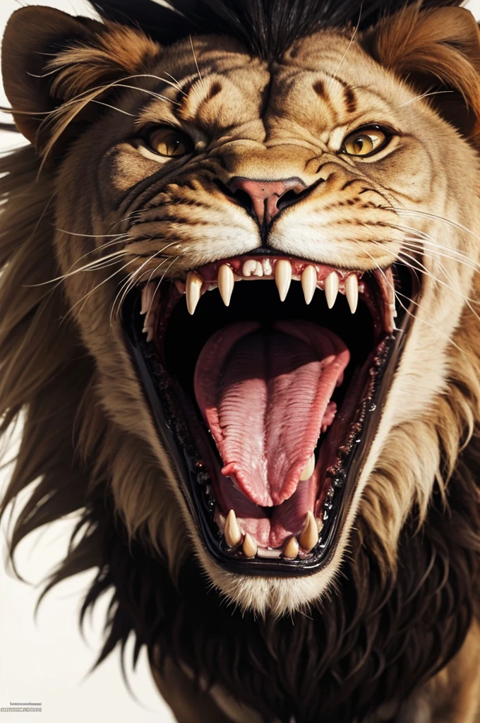 a scared and evil lion with his big teeth out showing angry and angry