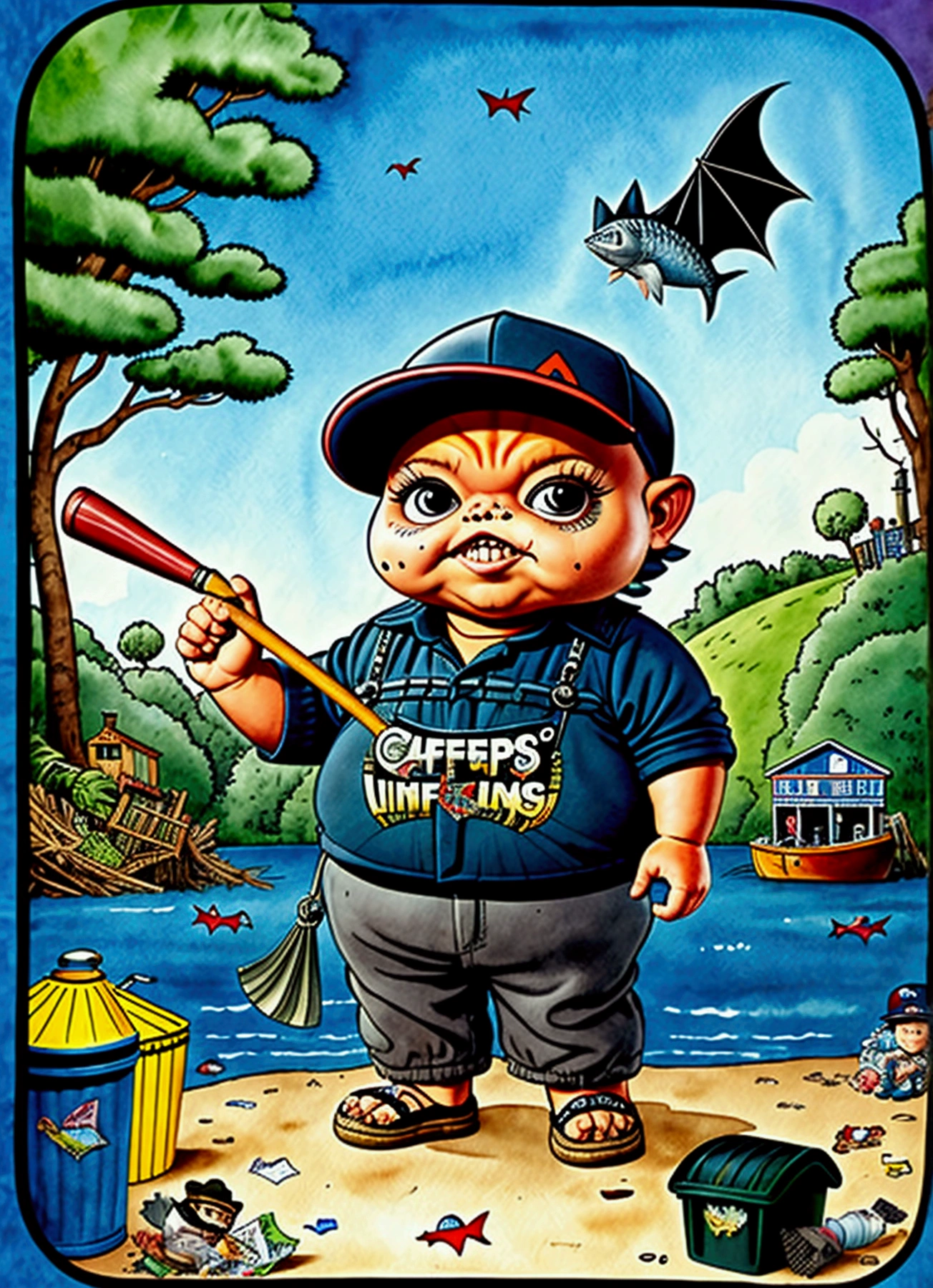 Frank the fisherman catching a big fish , bat in left hand, ((garbage pail kids style)), on a small boat, cartoon, high quality, watercolor,  detailed, full body, wide angle