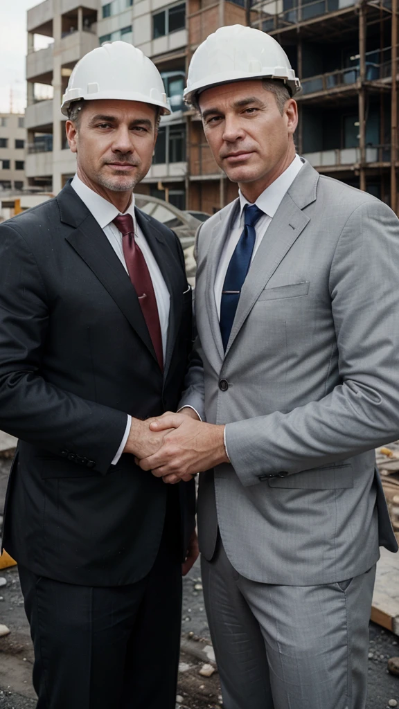 2 white men. age around 45-50 years. In suits with ties. looking directly at camera. shaking hands. not standing too close. only top of the body. with construction helmet. at construction site. with big pipes at background.
