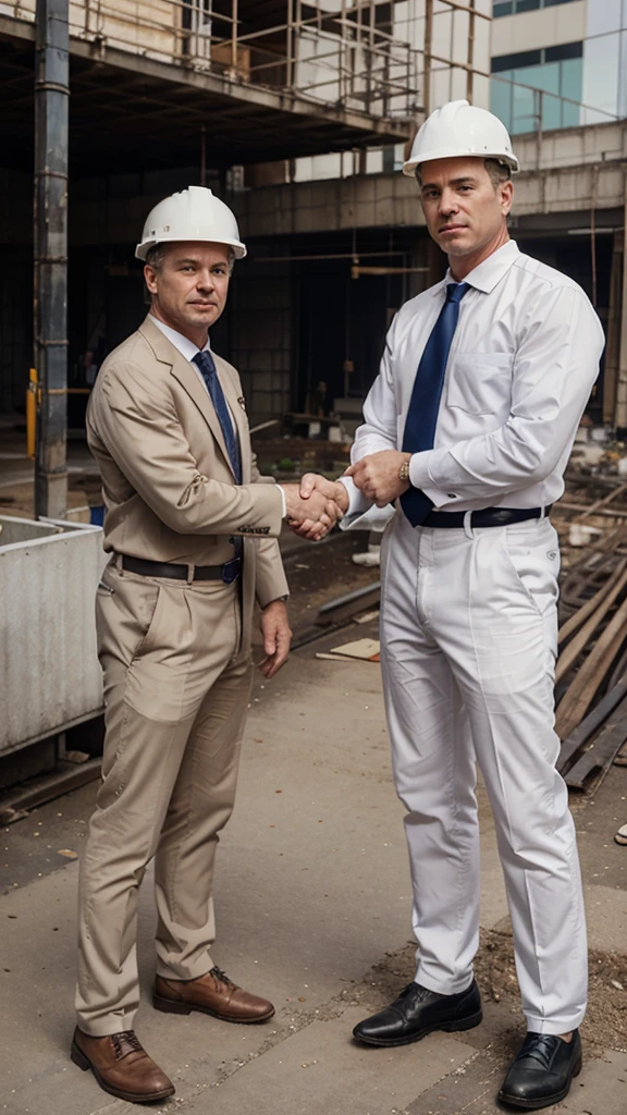2 white men. age around 45-50 years. In suits with ties. looking directly at camera. shaking hands. not standing too close. only top of the body. with construction helmet. at construction site. with big pipes at background.