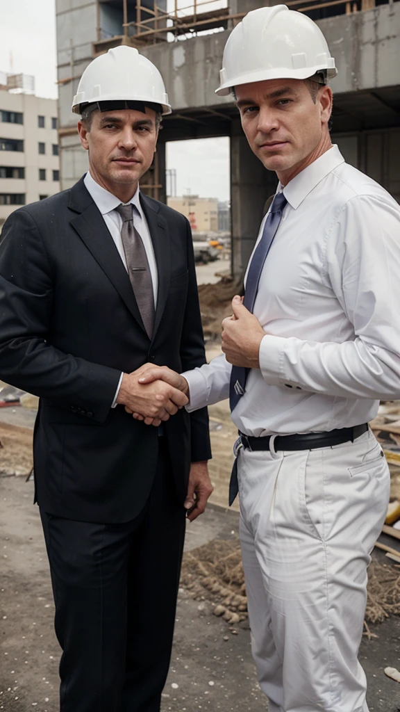 2 white men. age around 45-50 years. In suits with ties. looking directly at camera. shaking hands. not standing too close. only top of the body. with construction helmet. at construction site. with big pipes at background.