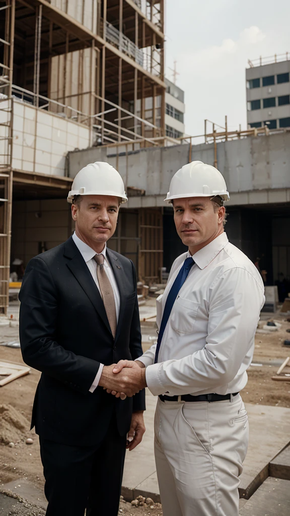 2 white men. age around 45-50 years. In suits with ties. looking directly at camera. shaking hands. not standing too close. only top of the body. with construction helmet. at construction site. with big pipes at background.
