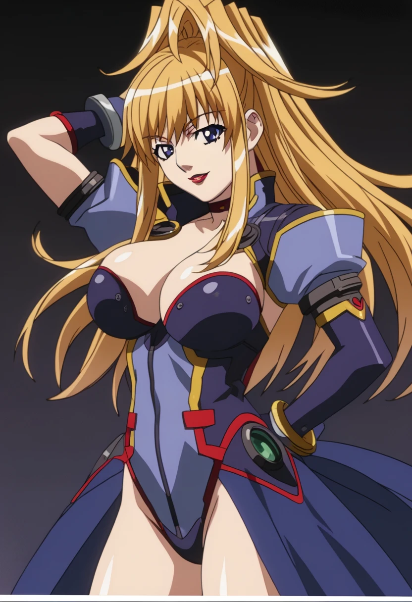 score_9, score_8_up, score_7_up, score_6_up, score_5_up, score_4_up,detailed Lora,masterpiece,best quality,highres,absurdres,official art,official style,source_anime,anime coloring,(anime_screencap),(megami magazine),anime,animated,explicit,shiny skin,extremely detailed CG unity 8k wallpaper,detailed face,perfect face,beautiful face,detailed eyes,perfecteyes,expressive eyes,perfect anatomy,BREAK,MIzuki_Tachibana,blond hair,long hair,ponytail,blue eyes,red lips,huge breasts,cleavage,purple bodysuits,purple gloves,high heels,nallow waist,lewd lowerbody,cowboy shot,