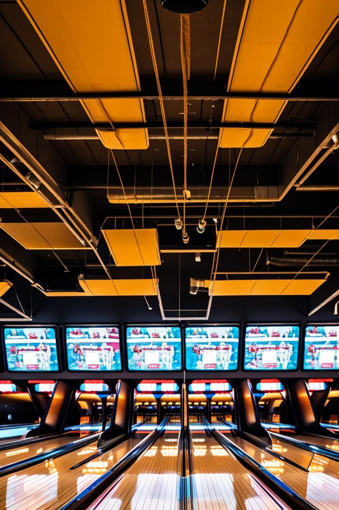 A bowling place where the pins hang from the ceiling with ropes and you can see different children and adults on hoverboards trying to break the ropes with boomerangs