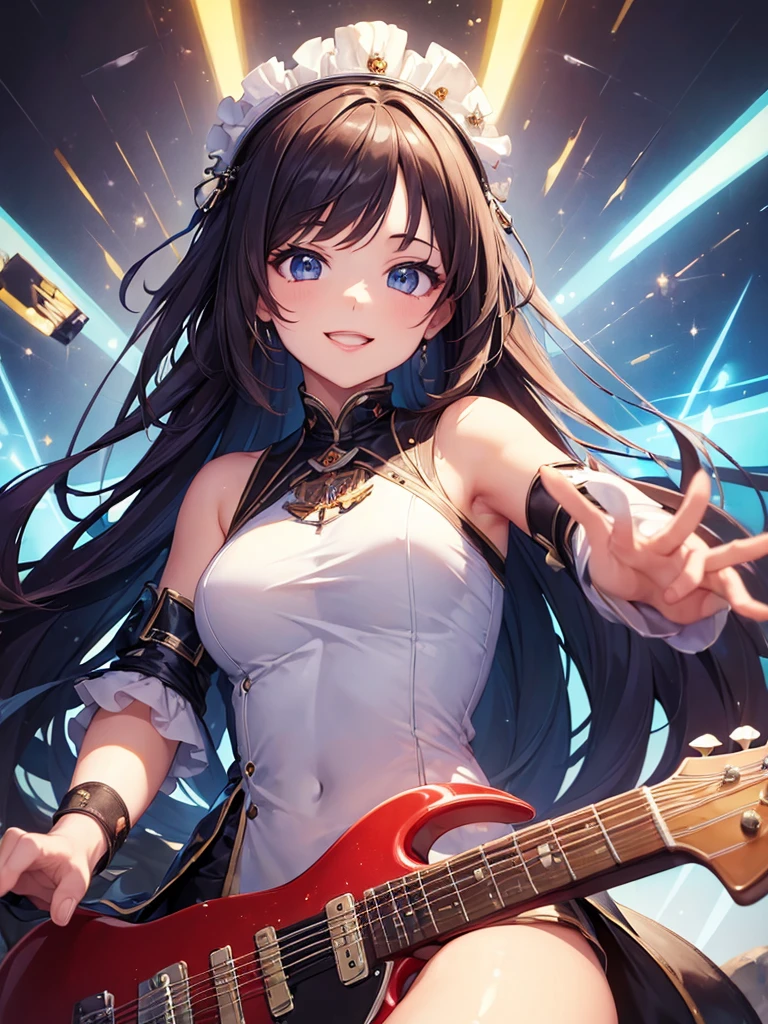(masterpiece:1.5),(Beat quality),(high res),1girl solo,beautiful face,smile(shining eyes),upper body,light effects,Rock Women,Electric guitar