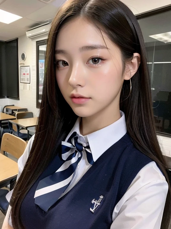 Highest Resolution, 4K, masterpiece: 1.3), high school girl,uniform、18-year-old、 Women's photos, sexy: 1.1, ((Beautiful posture))、Big eyes, Cleavage、Thighs, Realistic teeth, double eyelid, (whole body),((Braided short tail)) Highest quality, Familiar, beauty, Adorable、 whole body shot smile Clean pond
