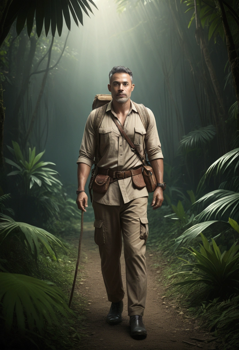 (Jungle Adventurer), against a dark background with a mysterious atmosphere and cool color tones with soft side lighting in the photography style of high contrast between light and shadow, glow effect, light leak, full body, award-winning, cinematic still, emotional, vignette, dynamic, vivid, (masterpiece, best quality, Professional, perfect composition, very aesthetic, absurdres, ultra-detailed, intricate details:1.3)