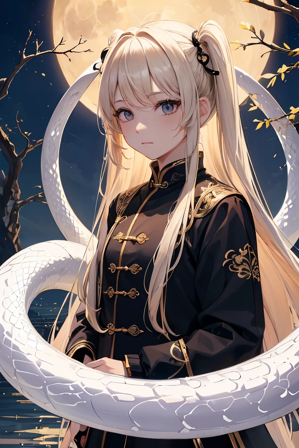 (((,White Snake Collar))),itgirl with blonde twin tail,Masterpiece, best quality, outdoor, night, full moon, lakeside, Branches, Chinese style, ancient China, black eyes, forked hair, long hair, long bangs, masculine, Calm, black and gold mixed clothing, gold pattern, dragon pattern, prince,