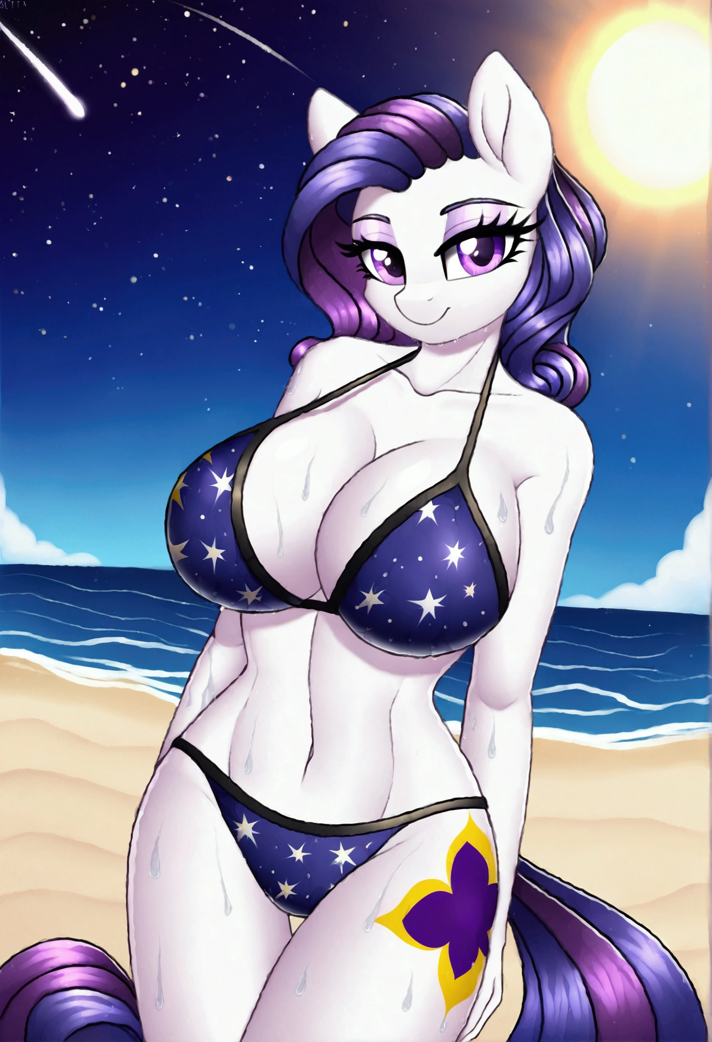 My little pony, anthro, white body, purple eyes, space hair pattern, space patterned erotic bikini, beach, big breasts, wet body, seduce pose, sun shafts, RTX, beautiful quality, summer memories, perfect summer day, day, sun