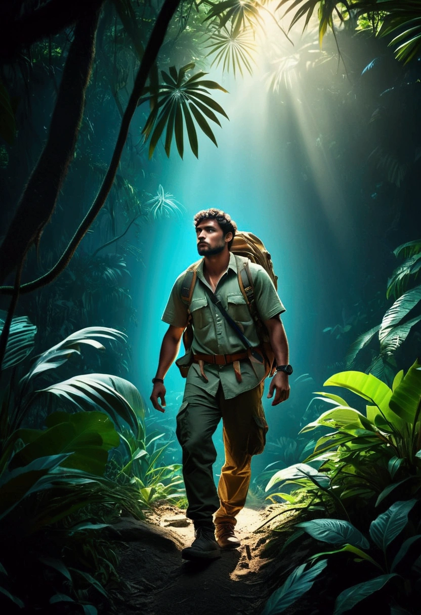 (Jungle Adventurer), against a dark background with a mysterious atmosphere and cool color tones with soft side lighting in the photography style of high contrast between light and shadow, glow effect, light leak, full body, award-winning, cinematic still, emotional, vignette, dynamic, vivid, (masterpiece, best quality, Professional, perfect composition, very aesthetic, absurdres, ultra-detailed, intricate details:1.3)