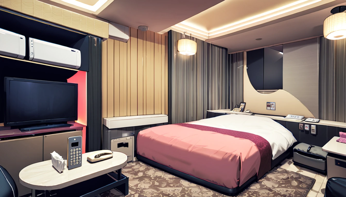 masterpiece, Highest quality, so beautiful, Absurd,
Love Hotel, LHbedpanel, scenery, bed, indoor, lamp, sofa, table, rug, bedroom, tv set, pillow, Telephone, tissue box, box, night,
