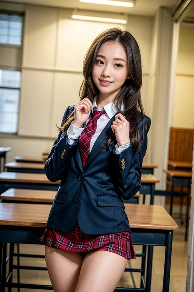 ((masterpiece)),(((best quality))),thin thighs,long legs,girl standing in school,red tie uniform,dark blue blazer,blue plaid skirt,18 years old,forehead,small smile,random pause，Pretty Woman，slim girl，