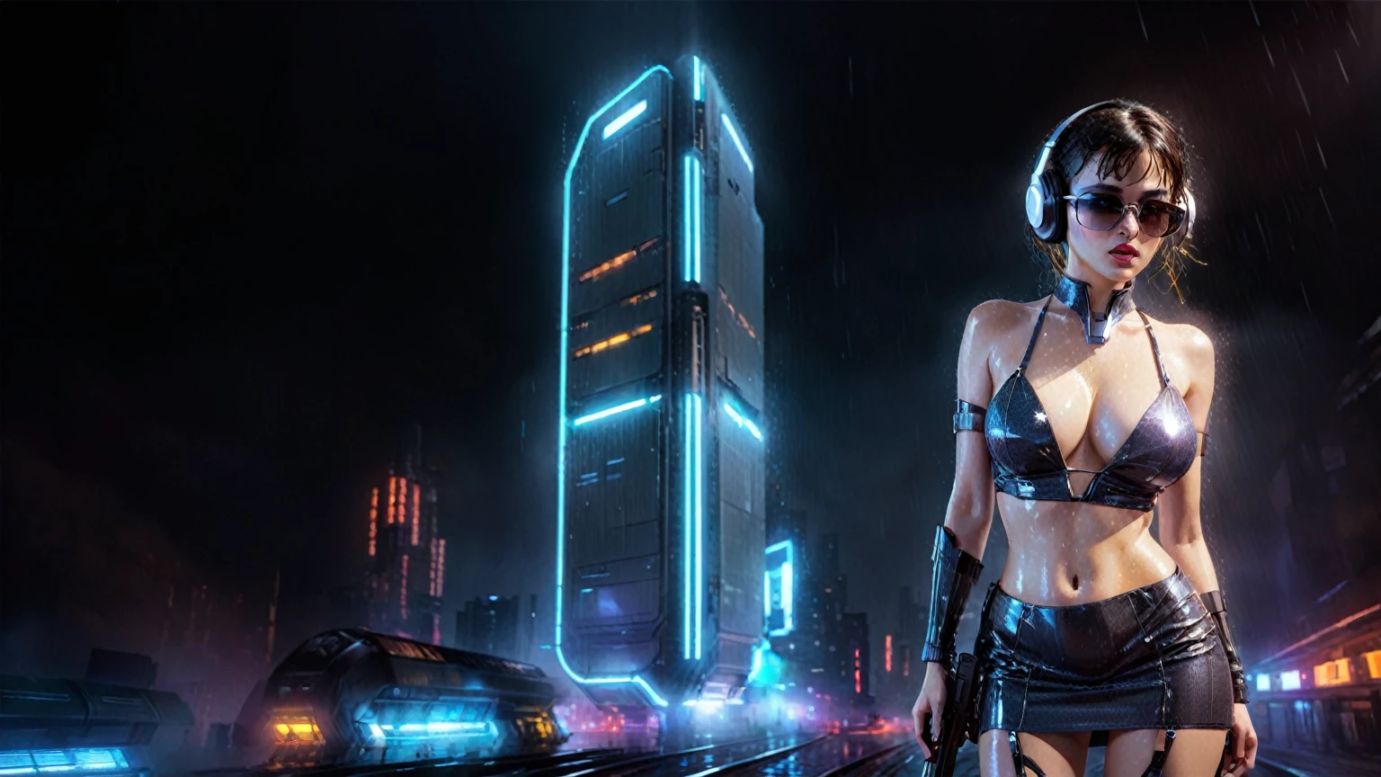 (((aerial view))), Blade Runner style futuristic railway platform, hi-tech train, neon lights, rainy night. (1girl, solo, alone), large-breast:1.2 slim body, cleavage:1.1, sexy wind blowing wet dress:1.4, headphone, (black sunglasses), (((she raised a pistol:1.8 and shot:1.8 the viewer))), dynamic pose, (((half-body thigh level medium shot))), cinematic lighting, lens flare, ray tracing, blurred:1.4 background.