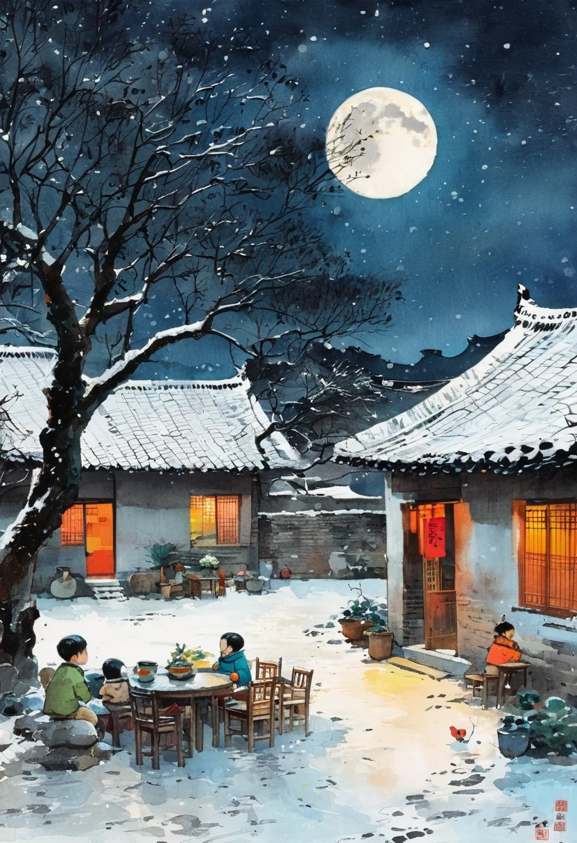 Ink Painting：China 70s，moonlight，Village courtyard，Warm home，patio，Persimmon tree，Happy little ones