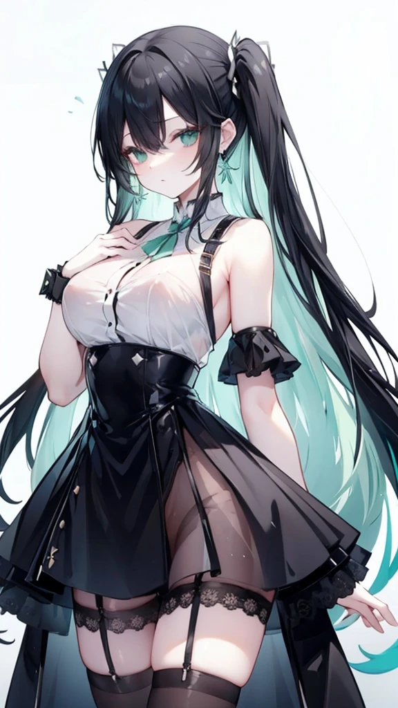 Long Black Hair、Half Up、Mint accents、Slanted Eyes、Mint-colored eyeint colored earrings、Big Breasts、Shoulder Bare、Black clothes、See-through、Black Skirt、tights、garter belt