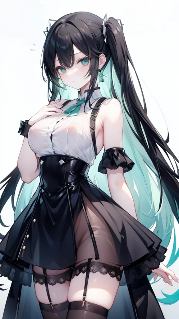 Long Black Hair、Half Up、Mint accents、Slanted Eyes、Mint-colored eyeint colored earrings、Big Breasts、Shoulder Bare、Black clothes、See-through、Black Skirt、tights、garter belt