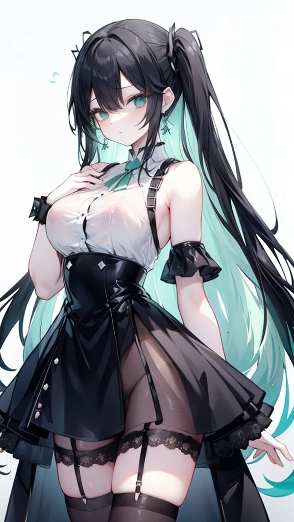 Long Black Hair、Half Up、Mint accents、Slanted Eyes、Mint-colored eyeint colored earrings、Big Breasts、Shoulder Bare、Black clothes、See-through、Black Skirt、tights、garter belt