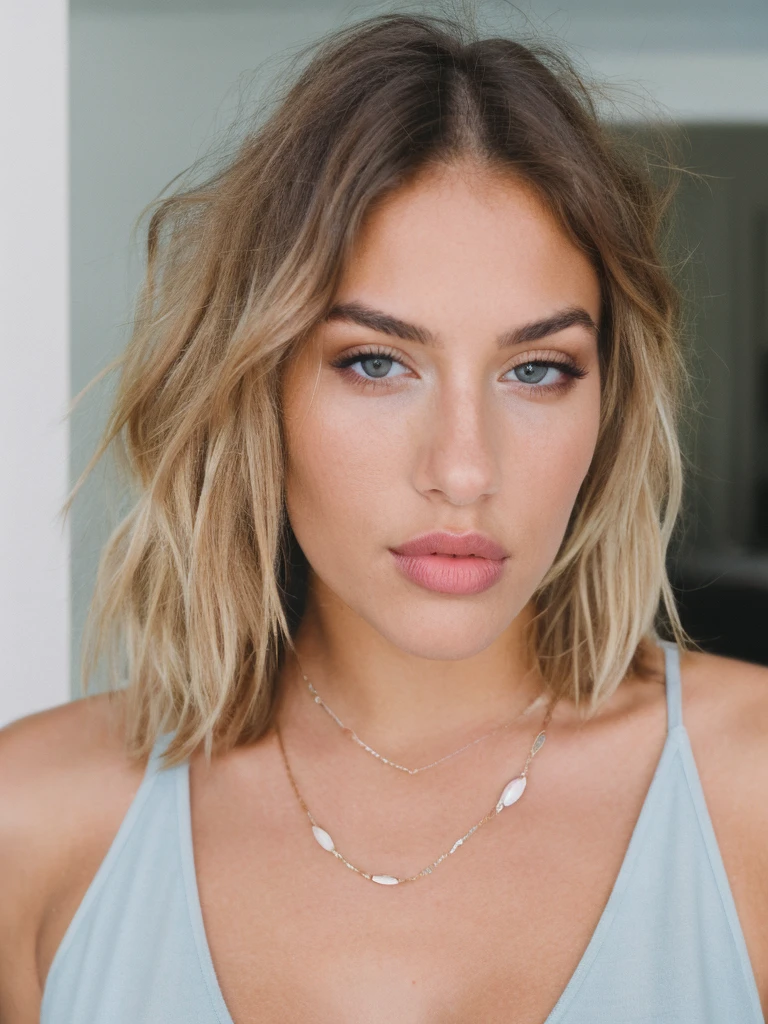 a beautiful 23-year-old woman, victoria secret, top model, pose for the picture, makeup, lips, ((medium large breast)), blonde, messy hair, short hair, necklace, film grain, retro, Porta 160 color, shot on ARRI ALEXA 65, Fujifilm XT-3