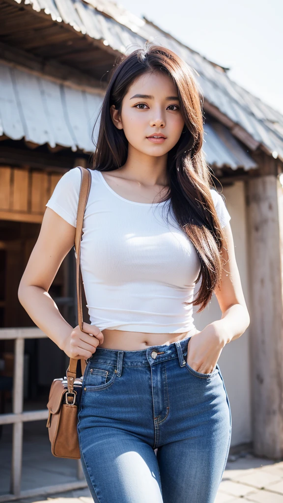 Generate 5 realistic photos of beautiful nepali Girl in top and jeans