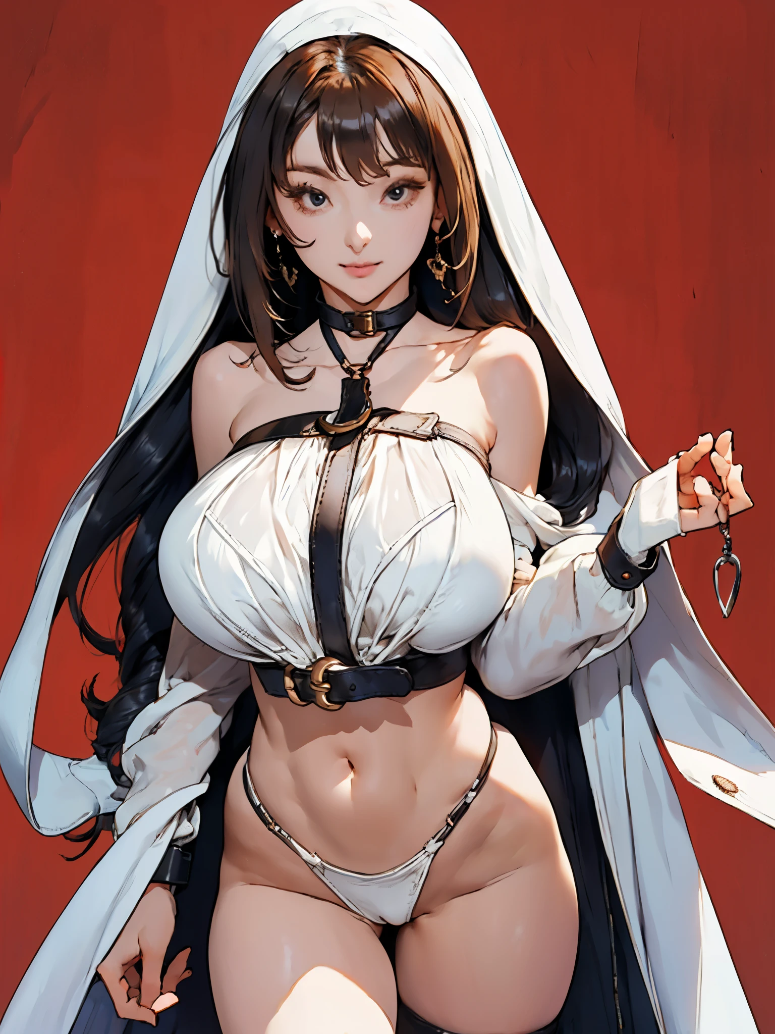 1girl, very long brown hair, (white color theme clothing), passion red background, thighs, detailed face, looking at viewer, see-through thong, detached see-through long sleeve, strapless top, delicate belt, handcuffs attached to belt, clavicle, gigantic breasts,