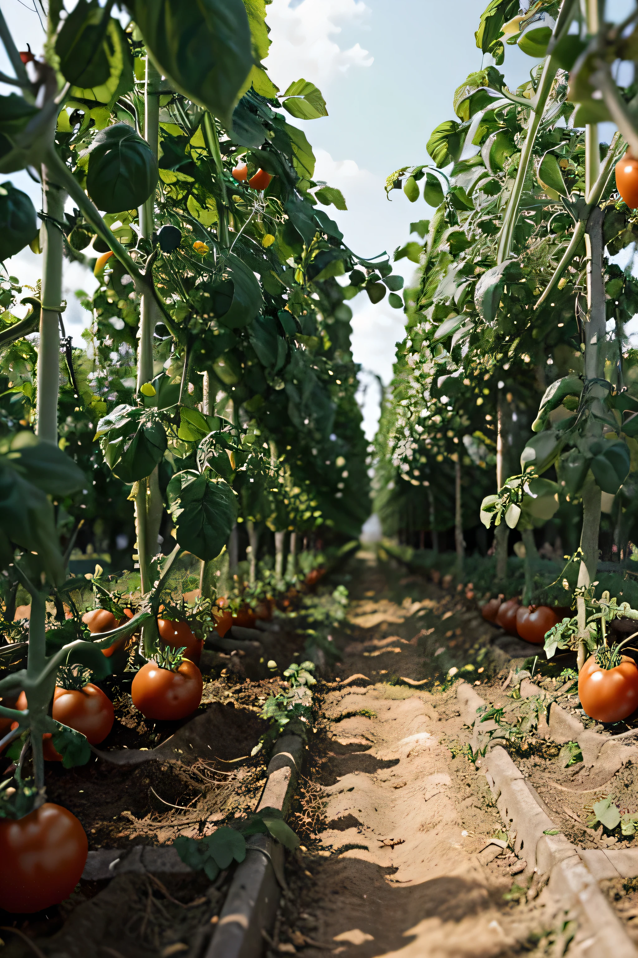 A tomato field, as if a photo was taken with a canon R5 seen from inside in the middle of two rows of tomato plants, These tomato plants are full of red tomatoes. I want the perspective of the image in the middle of two rows and that there is only dirt in the middle