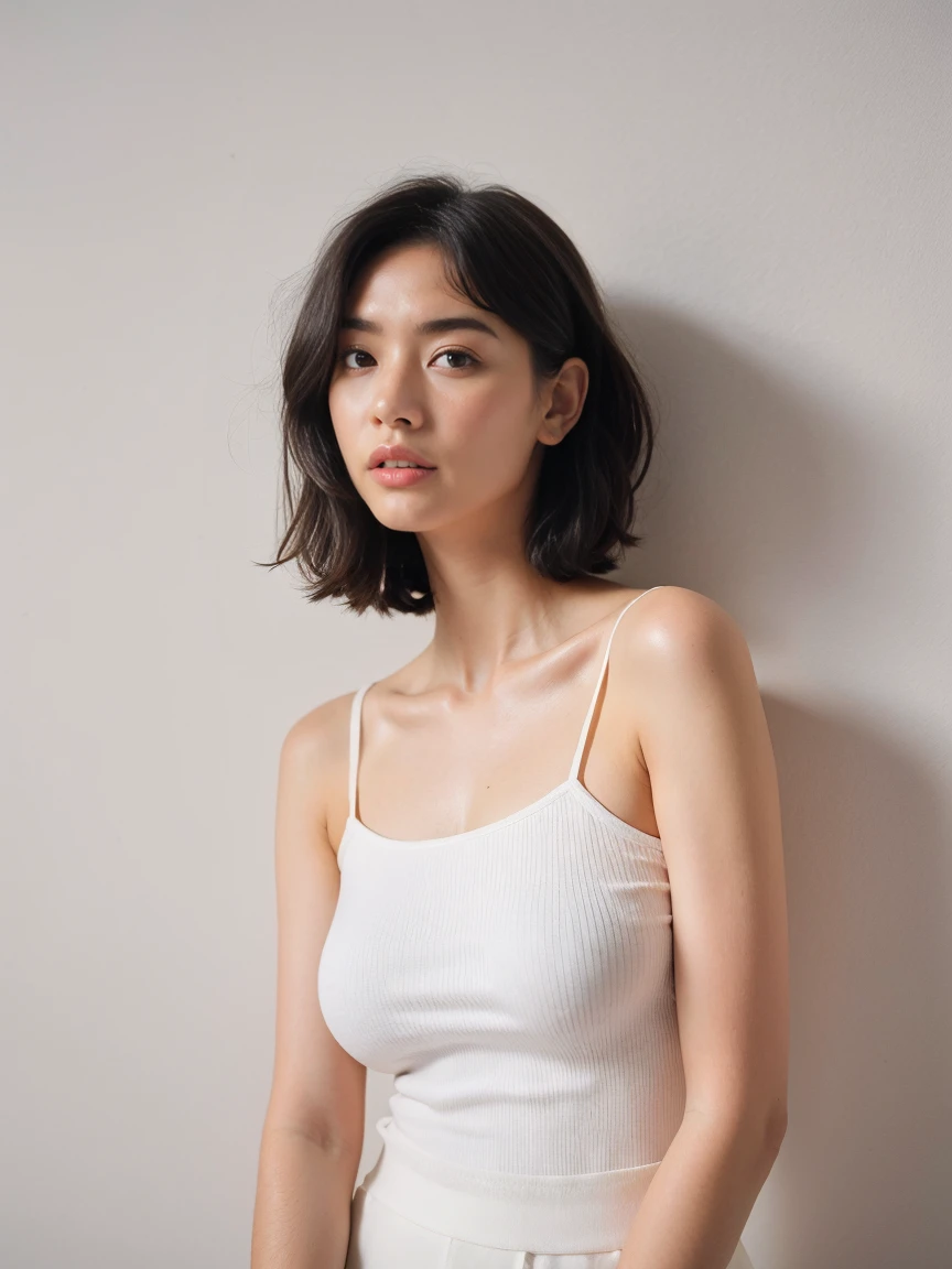 See-through tops、Big Breasts、camisole、(White wall as background、Some of her hair is sky blue:1.4)、White wall、Taken in front of a white door、(A room with a white wall and a window)、((highest quality、8k、masterpiece:1.3))、Ultra-high resolution、(photoGenuineistic:1.4)、RAW Photos、Japanese,(Detailed aspect)、Genuine、Photographed in natural light、Highly detailed face and skin texture、Highly detailed lips、The correct state of the human body、Medium Hair、Black Hair、Various poses、Natural color lip, short hair